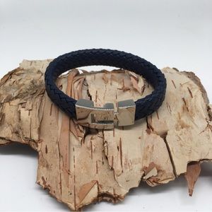 Men's Navy Blue Woven Leather Bracelet with Stainless Steel Clasp